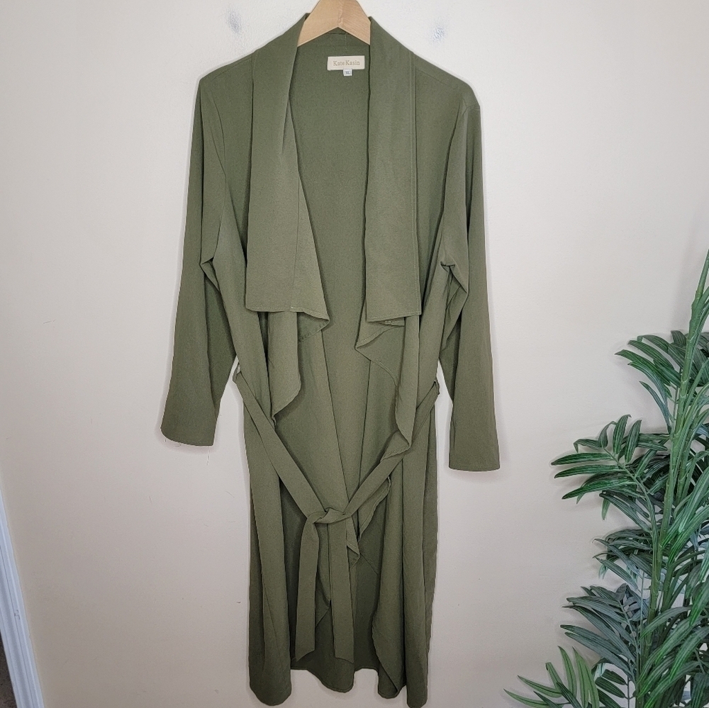 Kate Kasin Olive Green Long Draped Open Front Jacket Cardigan with Tie Size XL